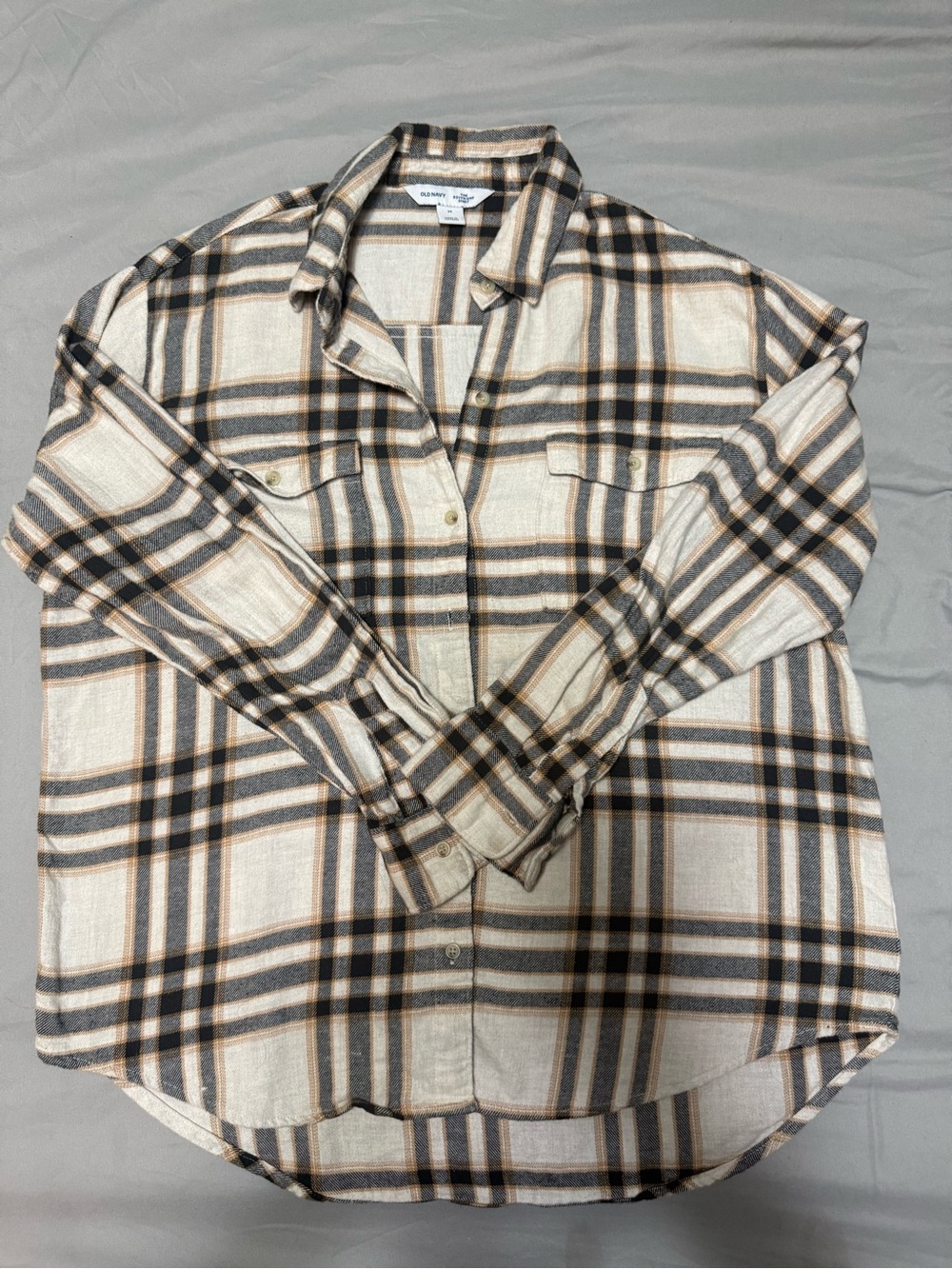 Old Navy Beige, Black & Brown Plaid Button-Down Shirt